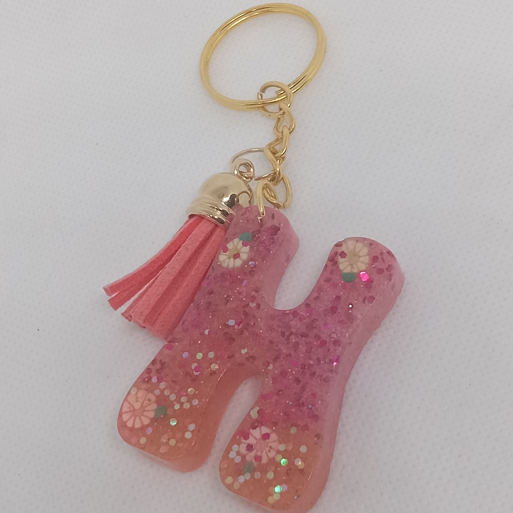 Pink Glitter Initial Keychain with Tassel